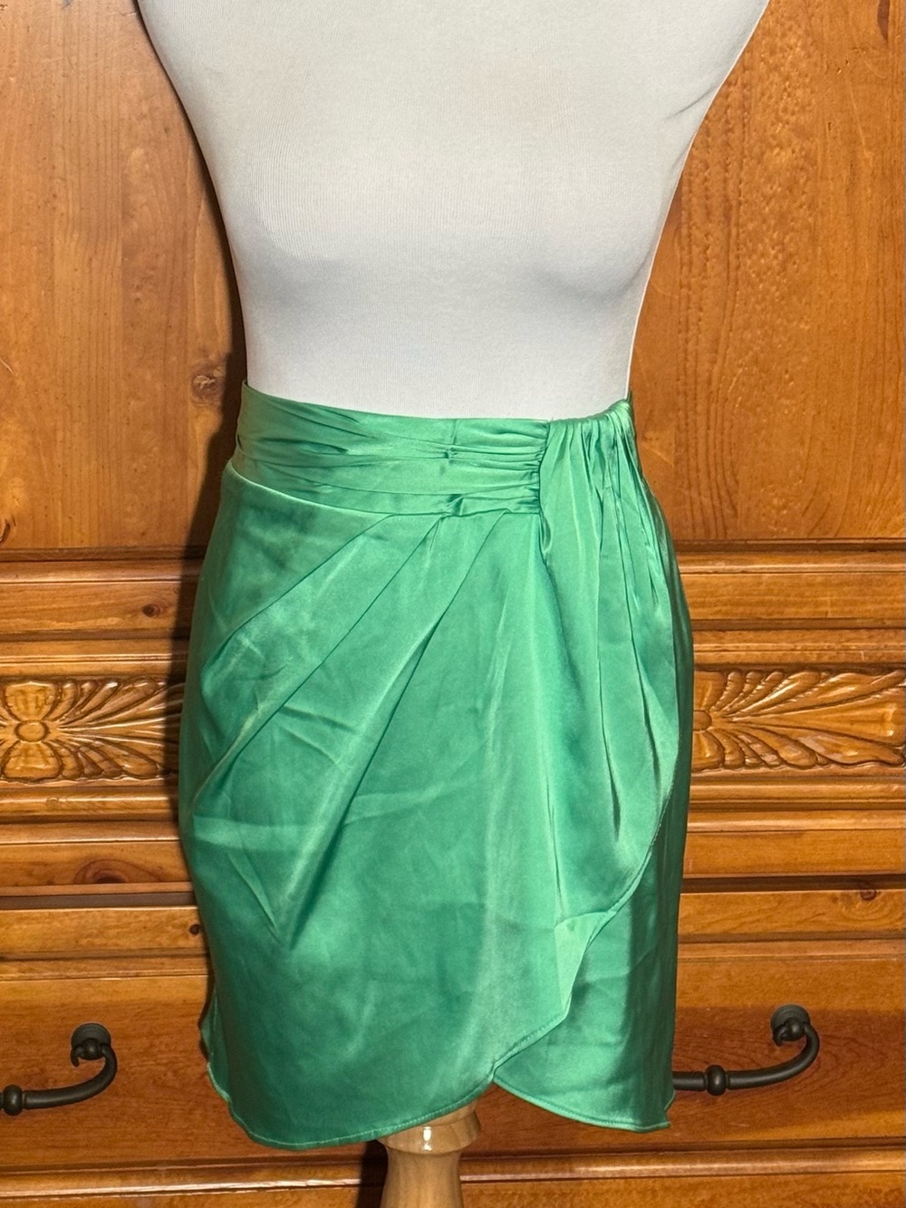 DO+BE Emerald Green Draped Satin Pencil Skirt